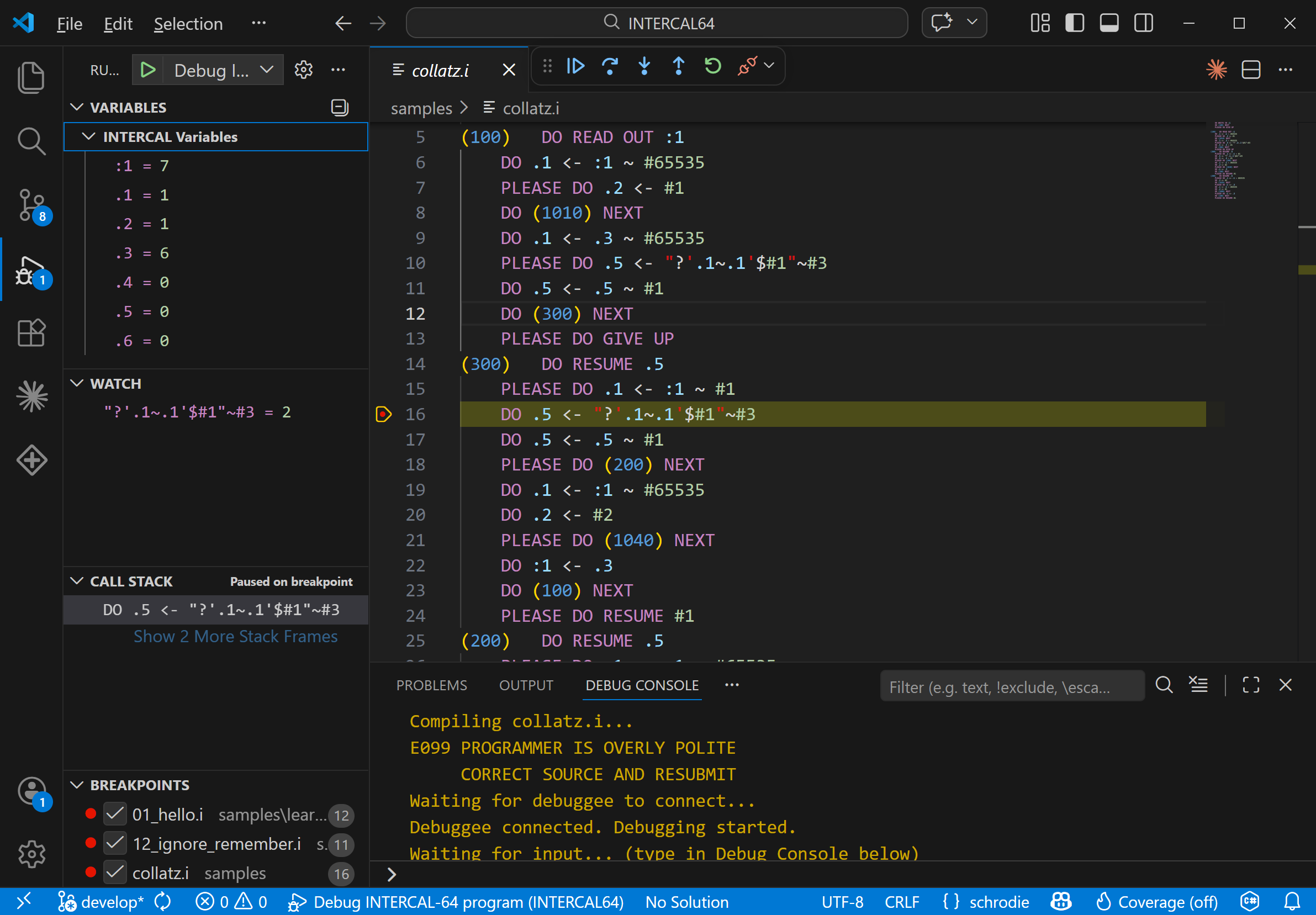 INTERCAL-64 debugger in VS Code showing variables, watch expressions, call stack, breakpoints, and source code